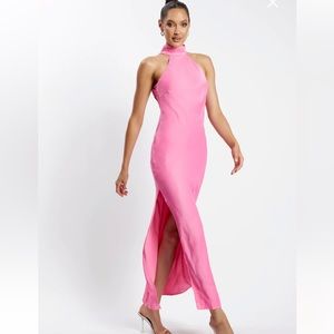 Pink Satin Halter Maxi Dress